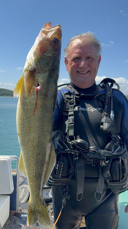 Fisherman Mike with a nice Norfork Lake Walleye Scuba Diving, 